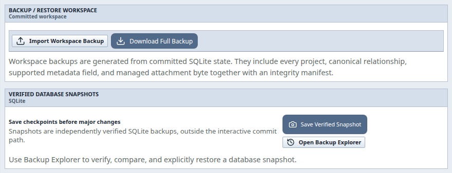 The three backup controls in Import / Export