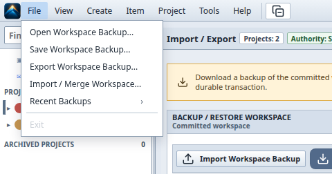 File menu with Import / Merge Workspace highlighted