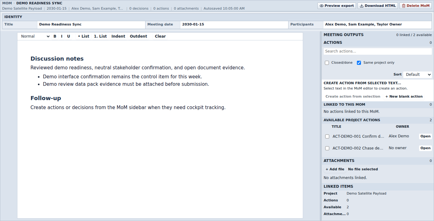 PM Control Workbench meeting workspace showing editable minutes and a linked-action sidebar in a fictional demo project.