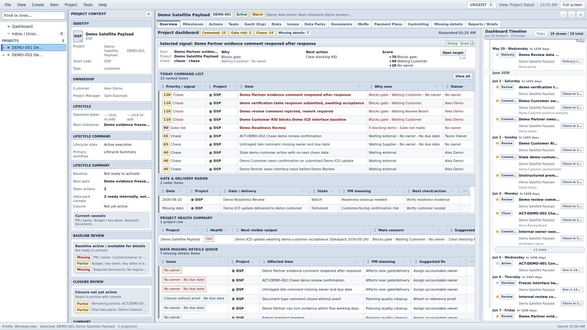 PM Control Workbench project overview for a fictional Demo Satellite Payload, showing project context, command list, gate radar, health summary, and timeline.