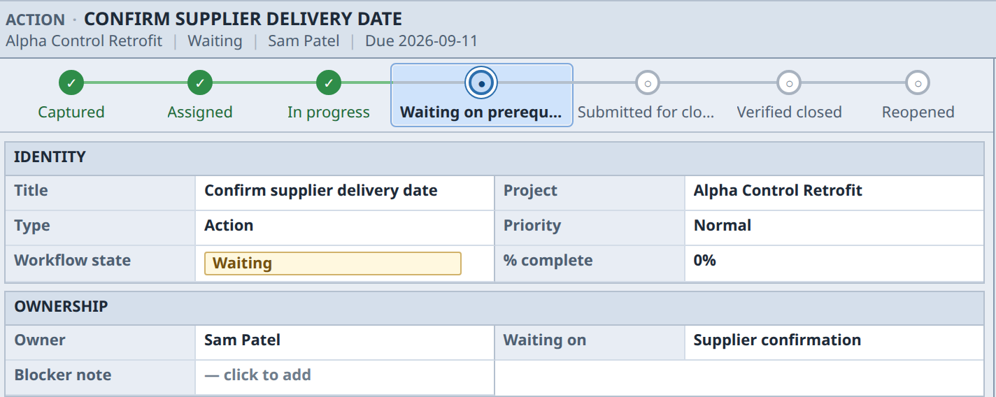 Real Alpha Control Retrofit Actions view. Keep ownership and follow-up visible.