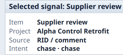 The selected Supplier review signal identifies Alpha Control Retrofit and its RID/comment source.