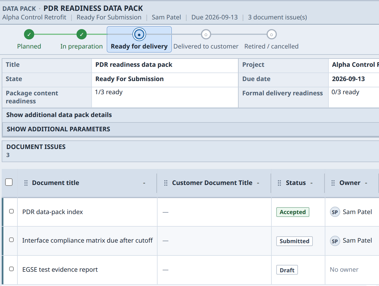 Real Alpha Control Retrofit Data Packs view. See the readiness of the delivery evidence.