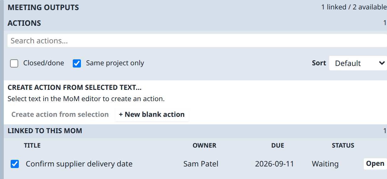 Real meeting output context for the supplier commitment, recorded in the review notes and linked to an action.